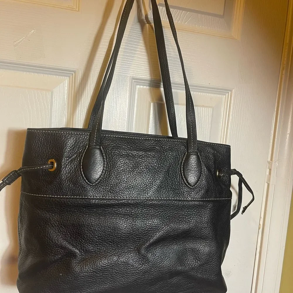 Michael Kors Black Leather Shoulder Bag with side drawstring gold tone hardwares